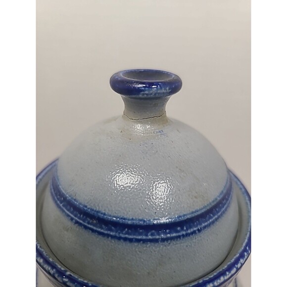 Rumtopf Crock Fermenting Jar w/ Lid Blue Salz Glazed Canister 8.5" Repaired - Picture 7 of 9